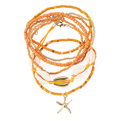 2 Bags Summer Beach Glass Seed Beaded & Natural Shell & Alloy Starfish Charm Anklet Sets AJEW-TA0003-69C-1