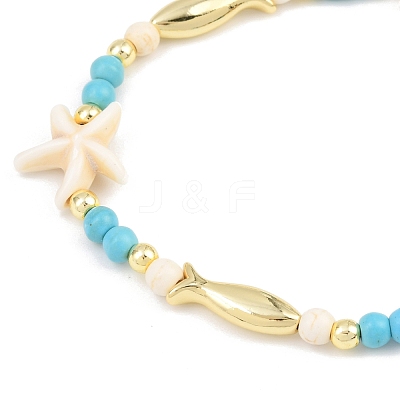 Synthetic Turquoise & Brass Beaded Stretach Bracelets for Women BJEW-JB12487-1