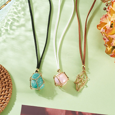 3Pcs Faux Suede Macrame Pouch  Pendant Necklaces NJEW-TAC0052-02-1