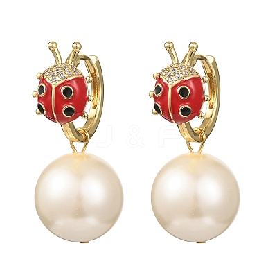 Ladybug with Round Brass Micro Pave Cubic Zirconia Hoop Earrings EJEW-Z164-26G-1