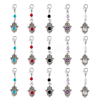 Round Gemstone & Alloy Hamsa Hand Pendant Decoration HJEW-AB00357-1