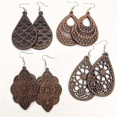 4 Pairs Wood Dangle Earrings FS-WGCC0C4-01-1