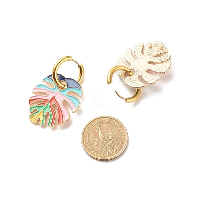Monstera Leaf Enamel Charm Dangle Hoop Earrings EJEW-JE04853-1
