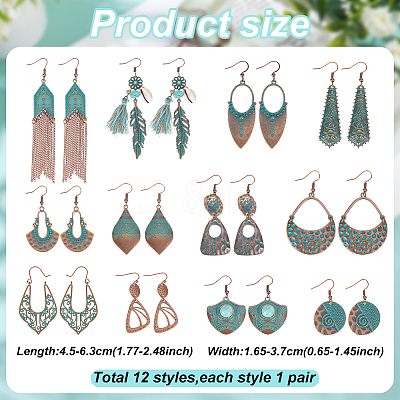 12 Pair 12 Style Tibetan Style Alloy Geometry Dangle Earrings EJEW-AN0003-85-1