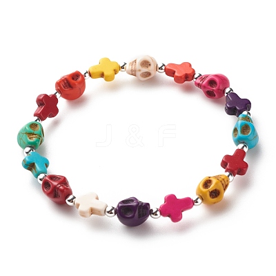 Synthetic Turquoise(Dyed) Cross & Skull Beaded Stretch Bracelet BJEW-JB08452-02-1