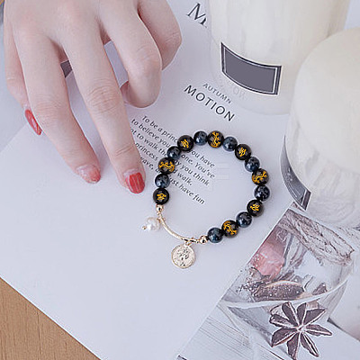 2 Strands Gold Stamp Glass Beads Strands GLAA-HY0001-42-1