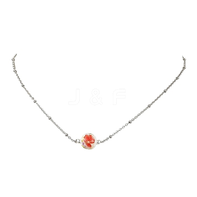 Handmade Flower Printed Porcelain Round Pendant 304 Stainless Steel Satellite Chain Necklaces for Women NJEW-JN06474-1