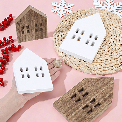 4Pcs 4 Styles Miniature Wood House Sculpture Display Decorations DJEW-GA0001-97-1