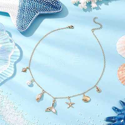 Summer Beach Brass Clear Cubic Zirconia & Shell Pearl & Spiral Shell Bib Necklaces NJEW-TA00182-1