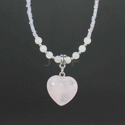 Natural Gemstone Heart Pendant Colorful Glass Seed Beads Beaded Necklaces for Women VA8487-2-1