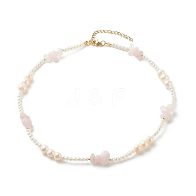 Natural Rose Quartz Chip Beaded Necklace for Girl Women NJEW-TA00016-02-1