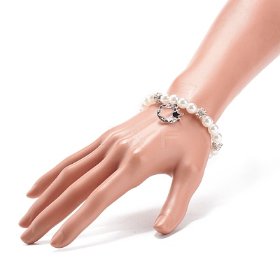 ABS Plastic Imitation Pearl  & Rhinestone Beaded Stretch Bracelet with Alloy Charm for Women BJEW-JB08526-01-1