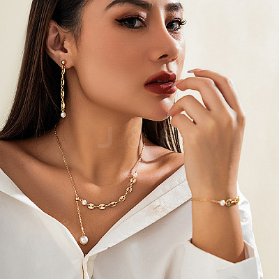 Brass & Alloy & Plastic Pearl Pendant Necklace & Stud Dangle Earring & Chain Bracelet FS-WGFF44D-01-1