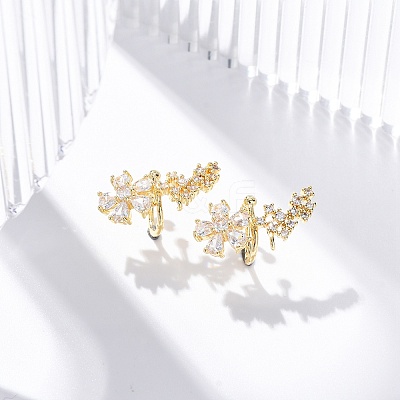 Rack Plating Flower Brass Micro Pave Clear Cubic Zirconia Cuff Earrings EJEW-H147-15G-1