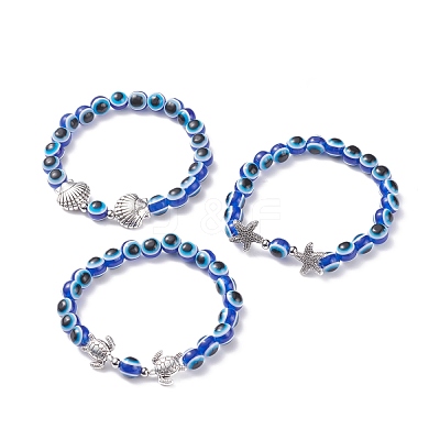 3Pcs 3 Style Evil Eye Resin Beaded Stretch Bracelets Set with Sea Turtle & Starfish & Shell for Women BJEW-JB07542-1
