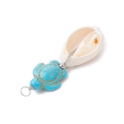 5Pcs 5 Styles Natural Cowrie Shell & Dyed Synthetic Turquoise Turtle Copper Wire Wrapped Pendants PALLOY-JF04034-02-1