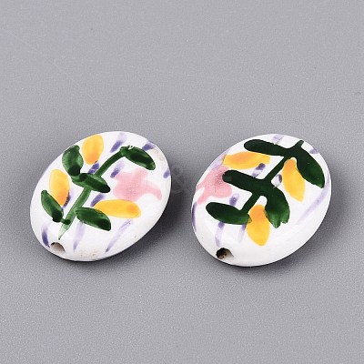 Hand Painted Tulip Flower Oval Porcelain Beads PORC-N012-11E-1