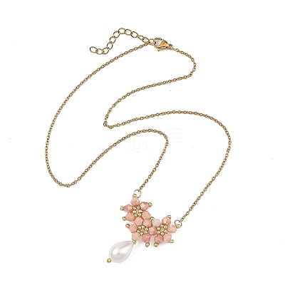 Electroplate Glass Beaded Flower Teardrop Pendant 304 Stainless Steel Cable Chain Necklaces NJEW-MZ00156-1
