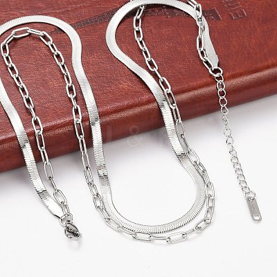 Non-Tarnish 304 Stainless Steel Paperclip & Herringbone Chains Double Layer Necklace for Men Women NJEW-E046-01P-1
