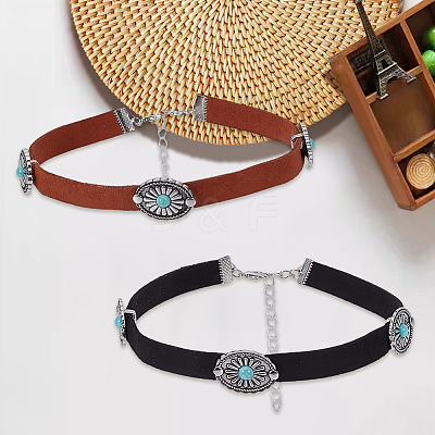 2Pcs 2 Colors Alloy Pave Synthetic Turquoise Oval Imitation Leather Choker Necklaces for Women NJEW-CY0001-06-1