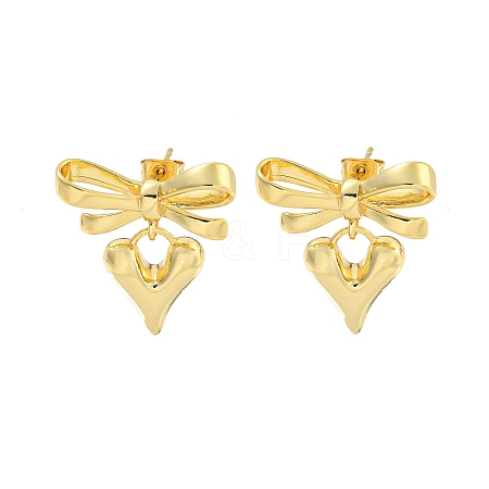 Bowknot & Heart Brass Stud Dangle Earrings for Women EJEW-G387-01G-1