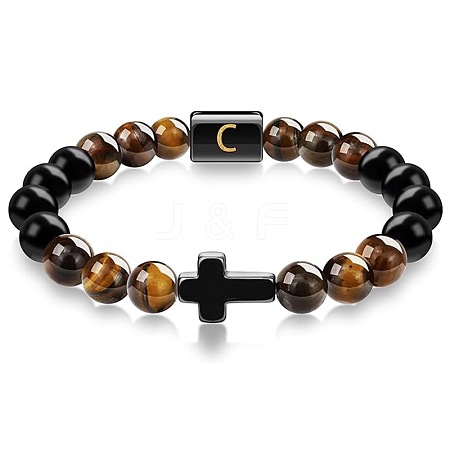 8MM Natural Tiger Eye and Matte Black Obsidian Round Beaded Stretch Bracelets SL9862-3-1