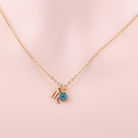 304 Stainless Steel Aquamarine Rhinestone Birth Stone Constellation Pendant Necklaces FS-WG76580-12-1