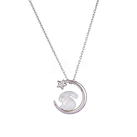 Anti-Tarnish Natural Shell Bunny with Crescent Moon Pendant Necklace with Clear Cubic Zirconia JN1073B-1