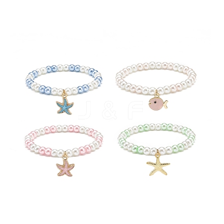 4Pcs 4 Styles Ocean Theme Alloy Enamel Stretch Charm Bracelets BJEW-JB08760-1