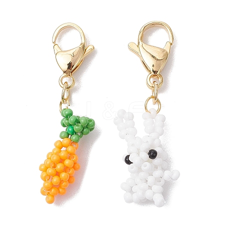 Rabbit & Carrot Glass Seed Beaded Pendant Decorations HJEW-MZ00141-1