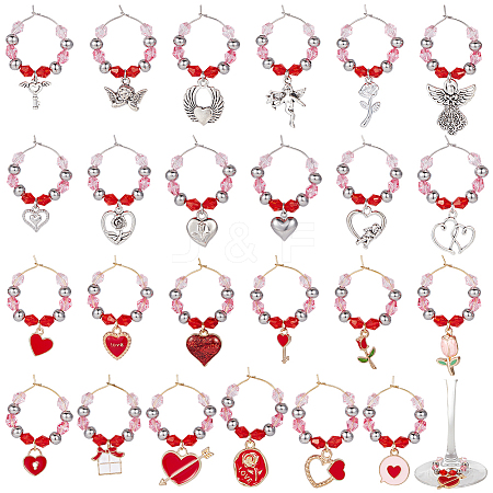 Valentine's Day Theme Alloy Enamel & 304 Stainless Steel & Plastic Wine Glass Charms AJEW-AB00080-1