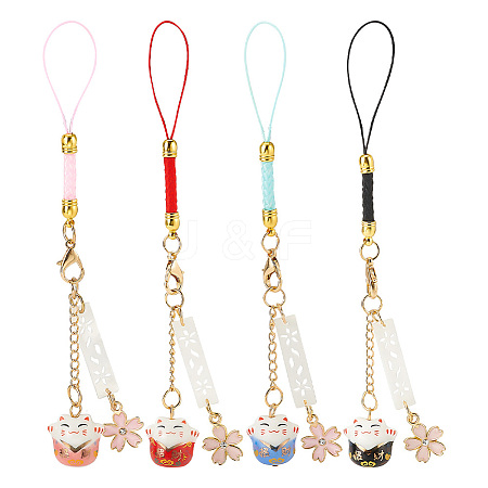 GOMAKERER 4Pcs 4 Colors Japanese Style Porcelain Lucky Cat & Sakura Alloy Enamel Mobile Straps HJEW-GO0001-09-1