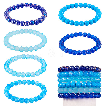 6Pcs 6 Styles 8mm Glass Round Beaded Stretch Bracelet Sets BJEW-TAC0021-1