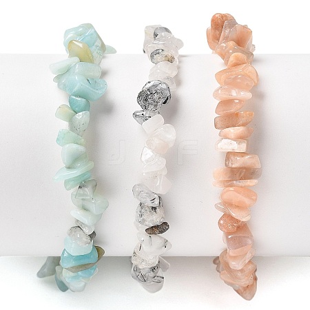 Chips Natural Rutilated Quartz & Flower Amazonite & Sunstone Beaded Stretch Bracelets Sets BJEW-JB05332-06-1