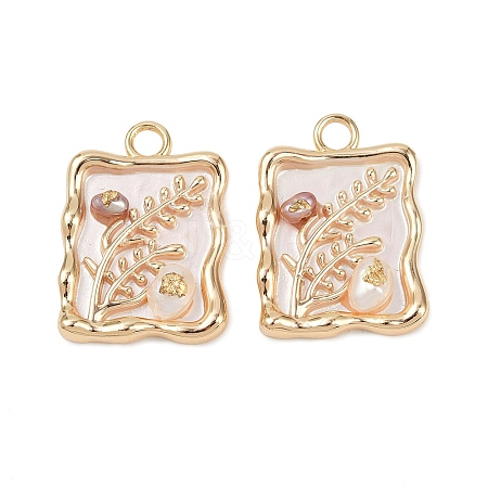Brass Enamel & Natural Pearl Rectangle with Flower Pendants KK-K351-51G-02-1