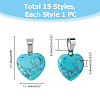 15Pcs 15 Styles Heart Gemstone Pendants G-FI0001-34-2