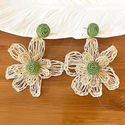 Bohemian Raffia with Linen Stud Dangle Earrings FS-WG91701-04-1