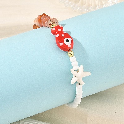 Summer Beach Handmade Porcelain Fish & Gemstone Chip Seed Beads Beaded Bracelets for Women BJEW-JB14440-1