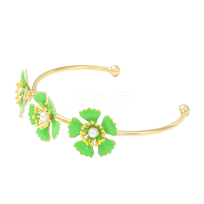 Alloy Flower with Imitation Pearl Beaded Open Cuff Bangle for Women BJEW-D054-02G-02-1