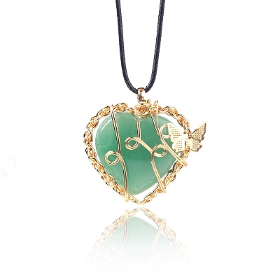 Natural Green Aventurine Metal Wire Wrapped Heart Pendants PW-WG13885-04-1