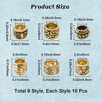 60Pcs 6 Styles Tibetan Style Alloy European Beads TIBEB-SP0001-06-1