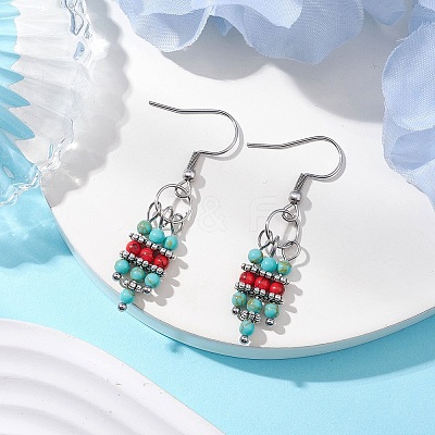 Synthetic Turquoise Beaded Tassel Dangle Earrings EJEW-JE06189-1