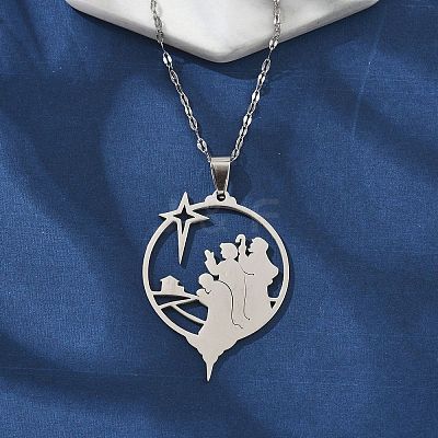 201 Stainless Steel Hollow Star with Prayer Pendant Necklaces for Ramadan & Eid Mubarak NJEW-D318-04P-1