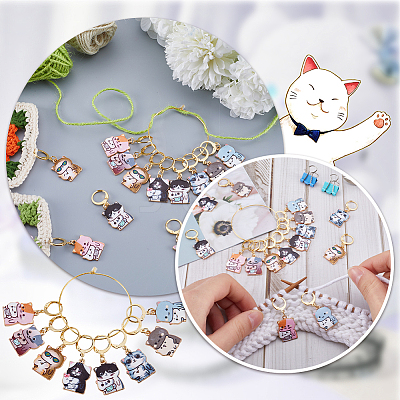 16Pcs 8 Style Cat Shape Alloy Enamel Pendant Locking Stitch Markers HJEW-SC00034-1