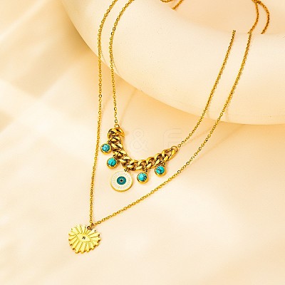 304 Stainless Steel Enamel Evil Eye Heart Pendant Double Layer Necklaces with Synthetic Turquoise for Women WGD59F3-01-1