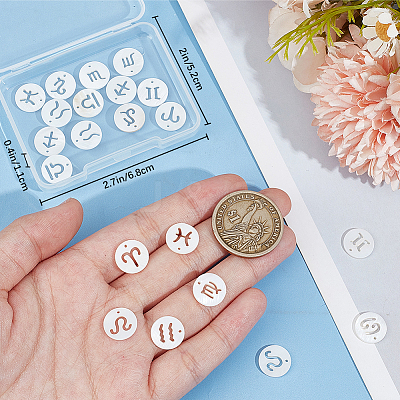 24Pcs 12 Styles 12 Constellation Natural Freshwater Shell Hollower Flat Round Charms SHEL-BBC0001-12-1