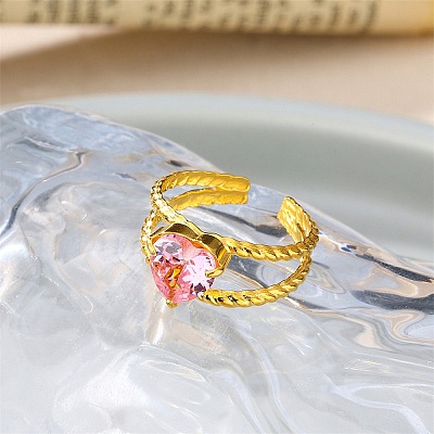 304 Stainless Steel & Cubic Zirconia Cuff Open Rings for Women RJEW-G376-01G-01-1