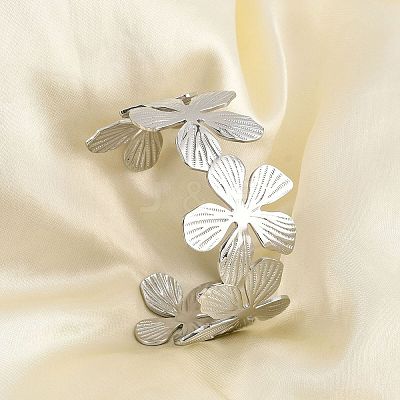 Non-Tarnish Flower 304 Stainless Steel Open Cuff Bangles for Women BJEW-M313-05P-1