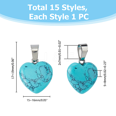 15Pcs 15 Styles Heart Gemstone Pendants G-FI0001-34-1