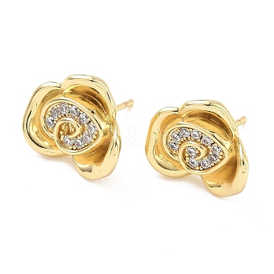 Rose Flower Brass Micro Pave Cubic Zirconia Stud Earrings EJEW-G452-08G-02-1
